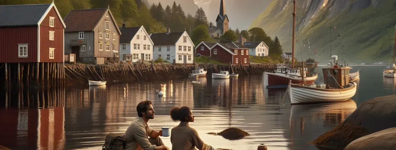 Couple by a campfire beside a norwegian fjord with coastal town and mountains