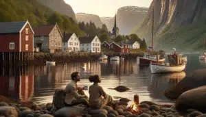 Couple by a campfire beside a norwegian fjord with coastal town and mountains