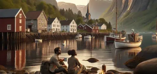 Couple by a campfire beside a norwegian fjord with coastal town and mountains