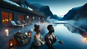 Couple relaxing in a steaming fjordside spa pool after a norwegian hike