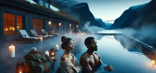 Couple relaxing in a steaming fjordside spa pool after a norwegian hike