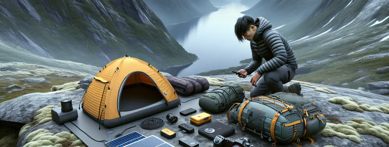 Hiker in norwegian mountains securing electronics in dry bags and protective cases