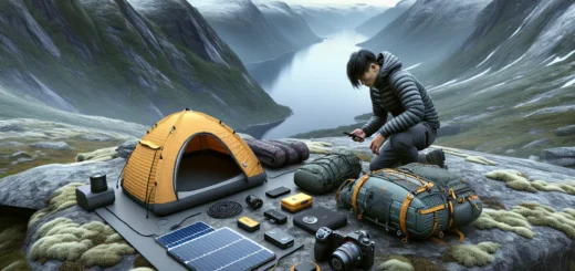 Hiker in norwegian mountains securing electronics in dry bags and protective cases