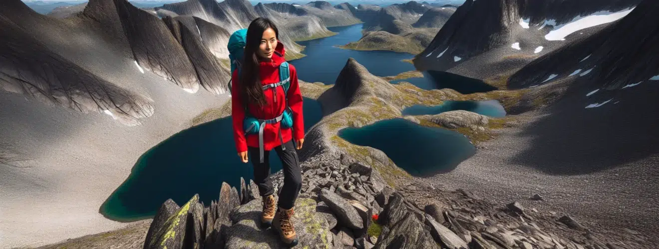 Hiker on a narrow norwegian mountain ridge above two lakes in summer