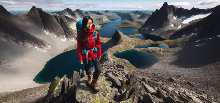 Hiker on a narrow norwegian mountain ridge above two lakes in summer