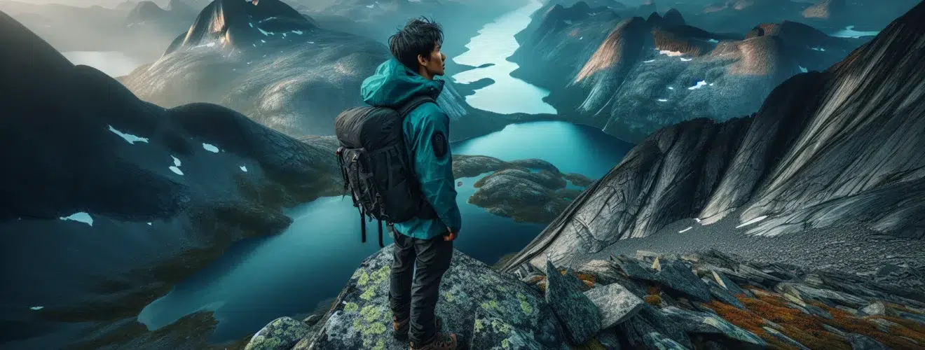 Hiker on besseggen ridge overlooking turquoise lakes and jagged jotunheimen peaks at sunrise