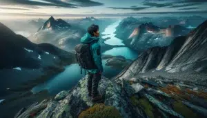 Hiker on besseggen ridge overlooking turquoise lakes and jagged jotunheimen peaks at sunrise