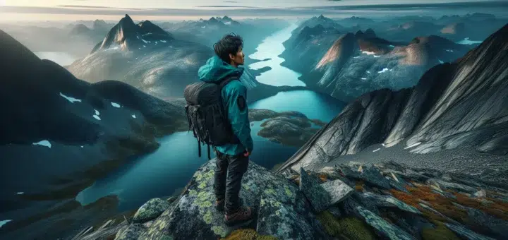 Hiker on besseggen ridge overlooking turquoise lakes and jagged jotunheimen peaks at sunrise