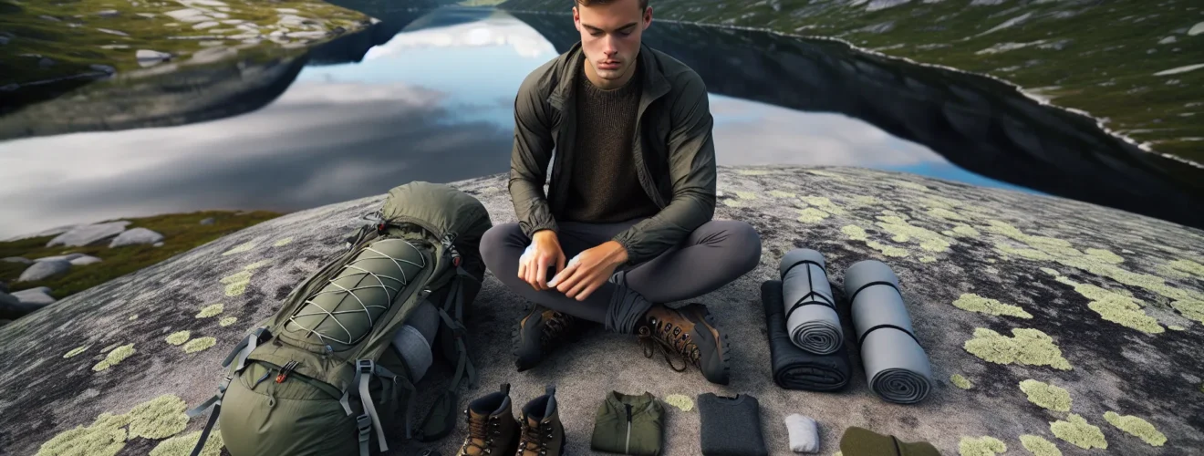 Hiker organizing a minimalist packing list on a norwegian mountain plateau in summer