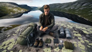 Hiker organizing a minimalist packing list on a norwegian mountain plateau in summer
