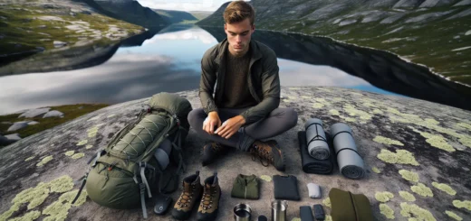 Hiker organizing a minimalist packing list on a norwegian mountain plateau in summer