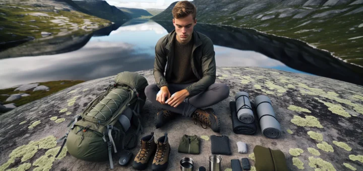 Hiker organizing a minimalist packing list on a norwegian mountain plateau in summer