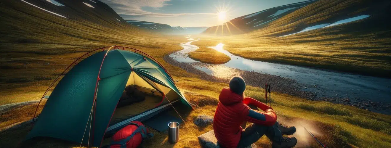 Lone camper by tent beside norwegian mountain river under soft midnight sun sky