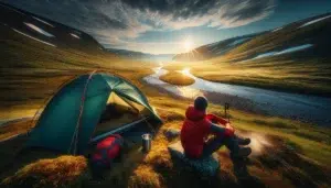 Lone camper by tent beside norwegian mountain river under soft midnight sun sky