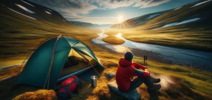 Lone camper by tent beside norwegian mountain river under soft midnight sun sky