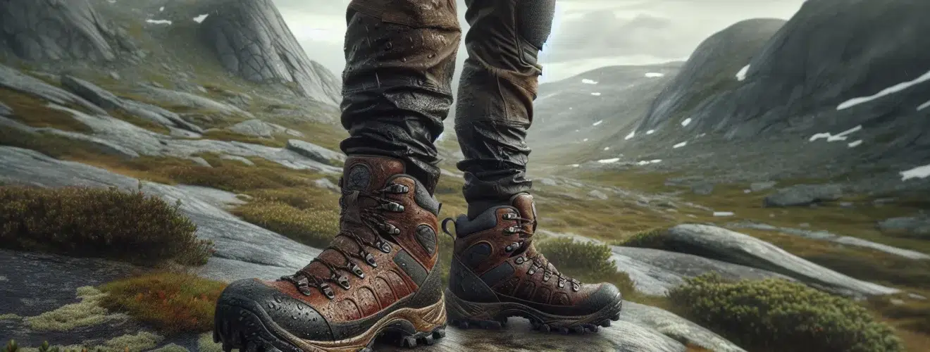 Norsk turgaer i robuste fjellst vler pa vat steinete h yfjellssti