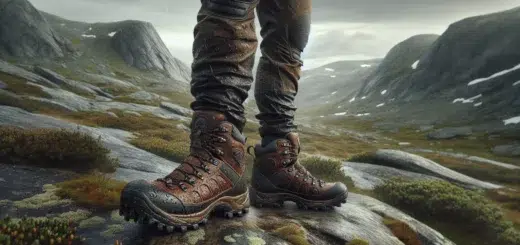 Norsk turgaer i robuste fjellst vler pa vat steinete h yfjellssti