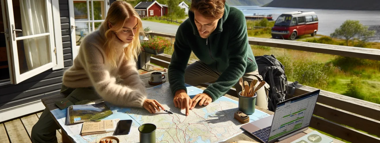 Norwegian couple planning a sustainable holiday overlooking fjord mountains train and bikes