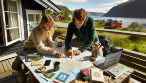 Norwegian couple planning a sustainable holiday overlooking fjord mountains train and bikes
