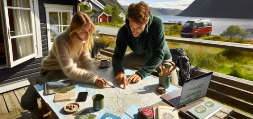 Norwegian couple planning a sustainable holiday overlooking fjord mountains train and bikes
