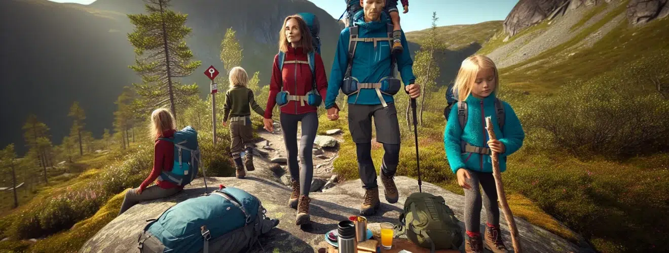Norwegian family with children hiking a gentle mountain trail on a sunny day