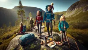 Hvordan planlegge en familievennlig fjelltur 19 Norwegian family with children hiking a gentle mountain trail on a sunny day
