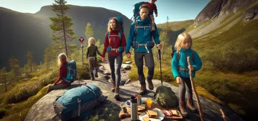 Norwegian family with children hiking a gentle mountain trail on a sunny day