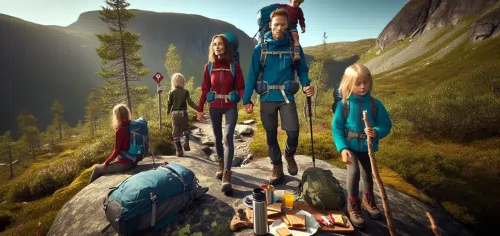 Norwegian family with children hiking a gentle mountain trail on a sunny day