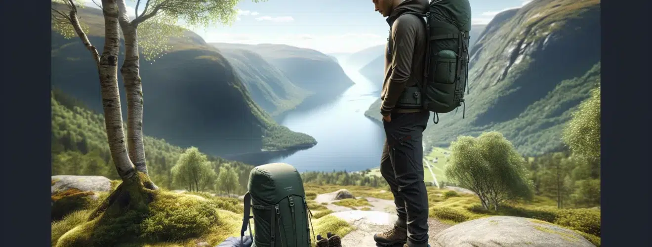 Norwegian hiker adjusting a daypack with typical day hike gear on a mountain trail