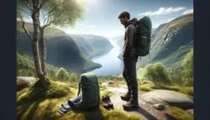 Norwegian hiker adjusting a daypack with typical day hike gear on a mountain trail