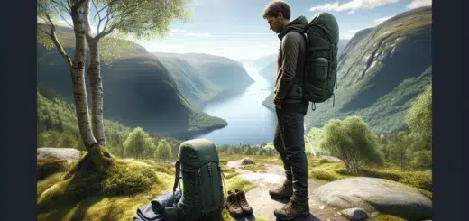 Norwegian hiker adjusting a daypack with typical day hike gear on a mountain trail