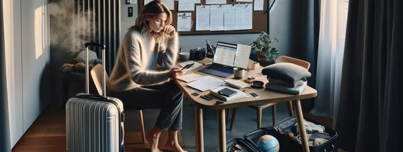 Norwegian woman calmly planning a long distance trip with laptop tickets and suitcase