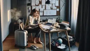 Norwegian woman calmly planning a long distance trip with laptop tickets and suitcase