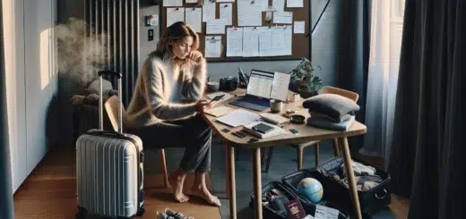 Norwegian woman calmly planning a long distance trip with laptop tickets and suitcase