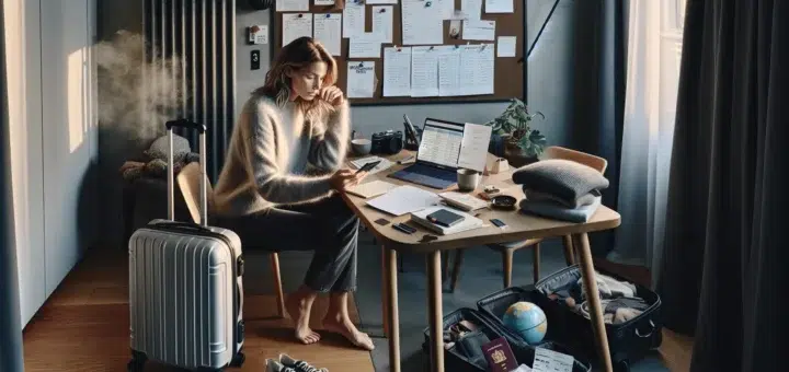 Norwegian woman calmly planning a long distance trip with laptop tickets and suitcase