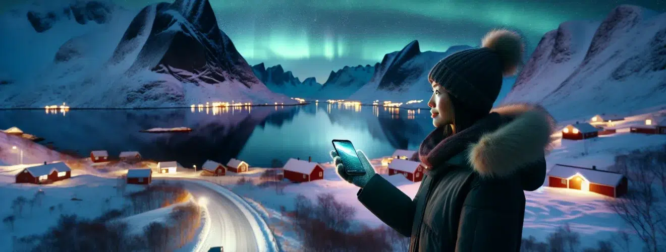 Traveler in snowy norwegian fjord landscape checking aurora app under bright northern lights