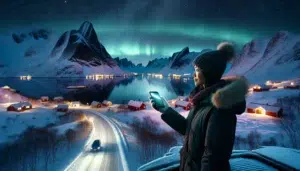 Traveler in snowy norwegian fjord landscape checking aurora app under bright northern lights