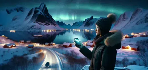 Traveler in snowy norwegian fjord landscape checking aurora app under bright northern lights