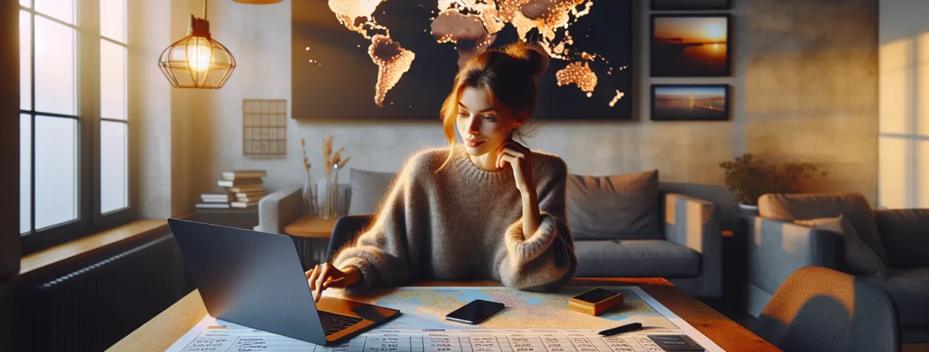 Young norwegian planning budget friendly european trip with laptop and map at home